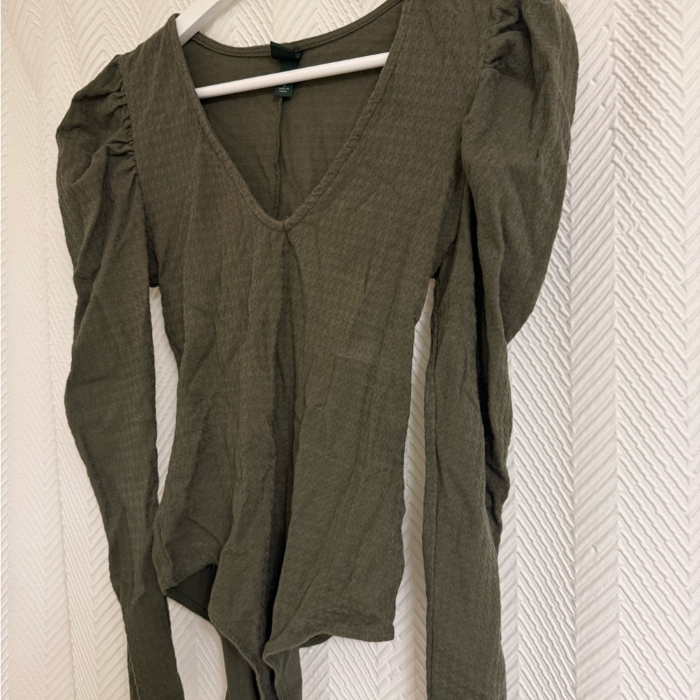 wild fable Olive Green V-Neck Puff Sleeve Bodysuit